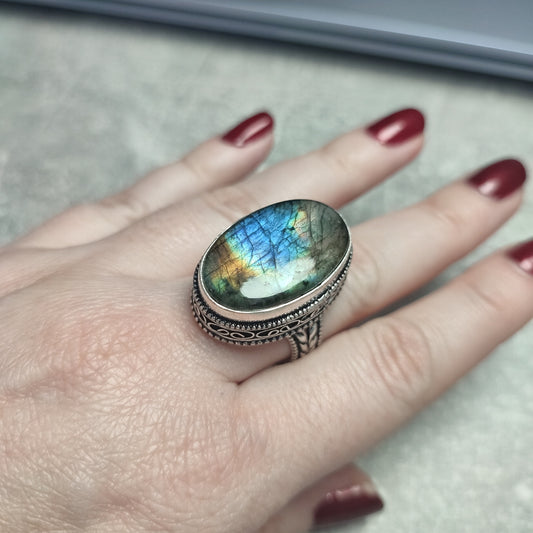 Anillo baño de plata labradorita flash