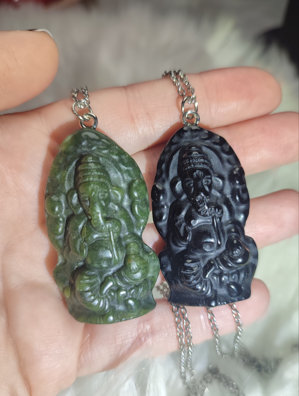Collar acero con Ganesha - Obsidiana o jade