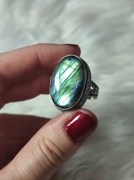 Anillo baño de plata con Labradorita flash