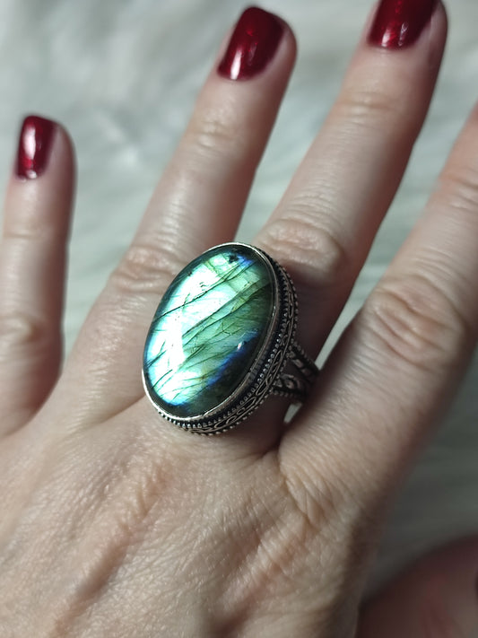 Anillo baño de plata con Labradorita flash