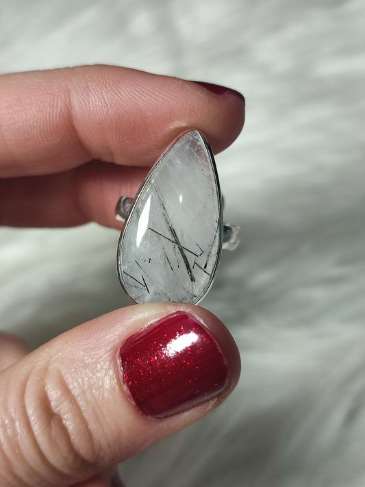 Anillo baño de plata con cuarzo turmalina negra