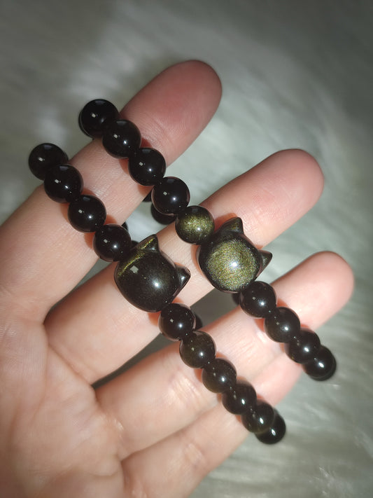 Pulsera gato Obsidiana dorada - Bola 8 mm