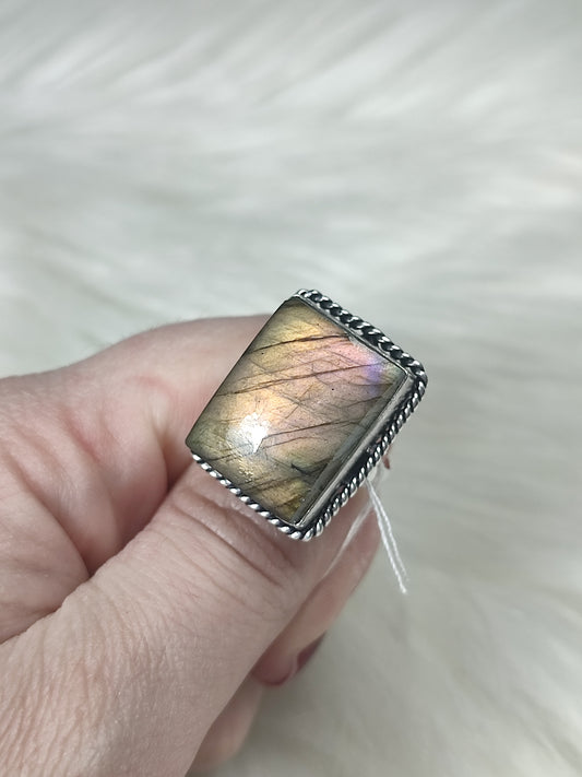 Anillo baño de plata con labradorita - Ajustable 406