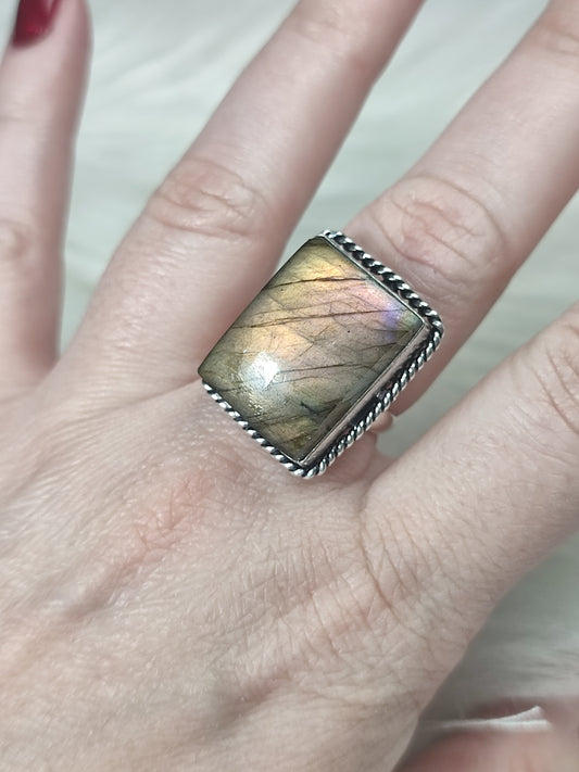 Anillo baño de plata con labradorita - Ajustable 406