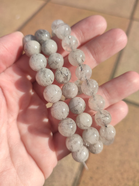 Pulsera elástica esferas de cuarzo con turmalina - 10 mm