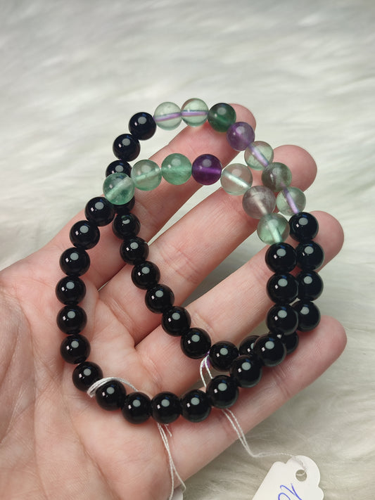 Pulsera elástica bolas 8 mm - Obsidiana y fluorita