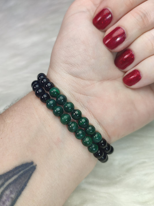 Pulsera elástica bolas 6 mm - Obsidiana y malaquita