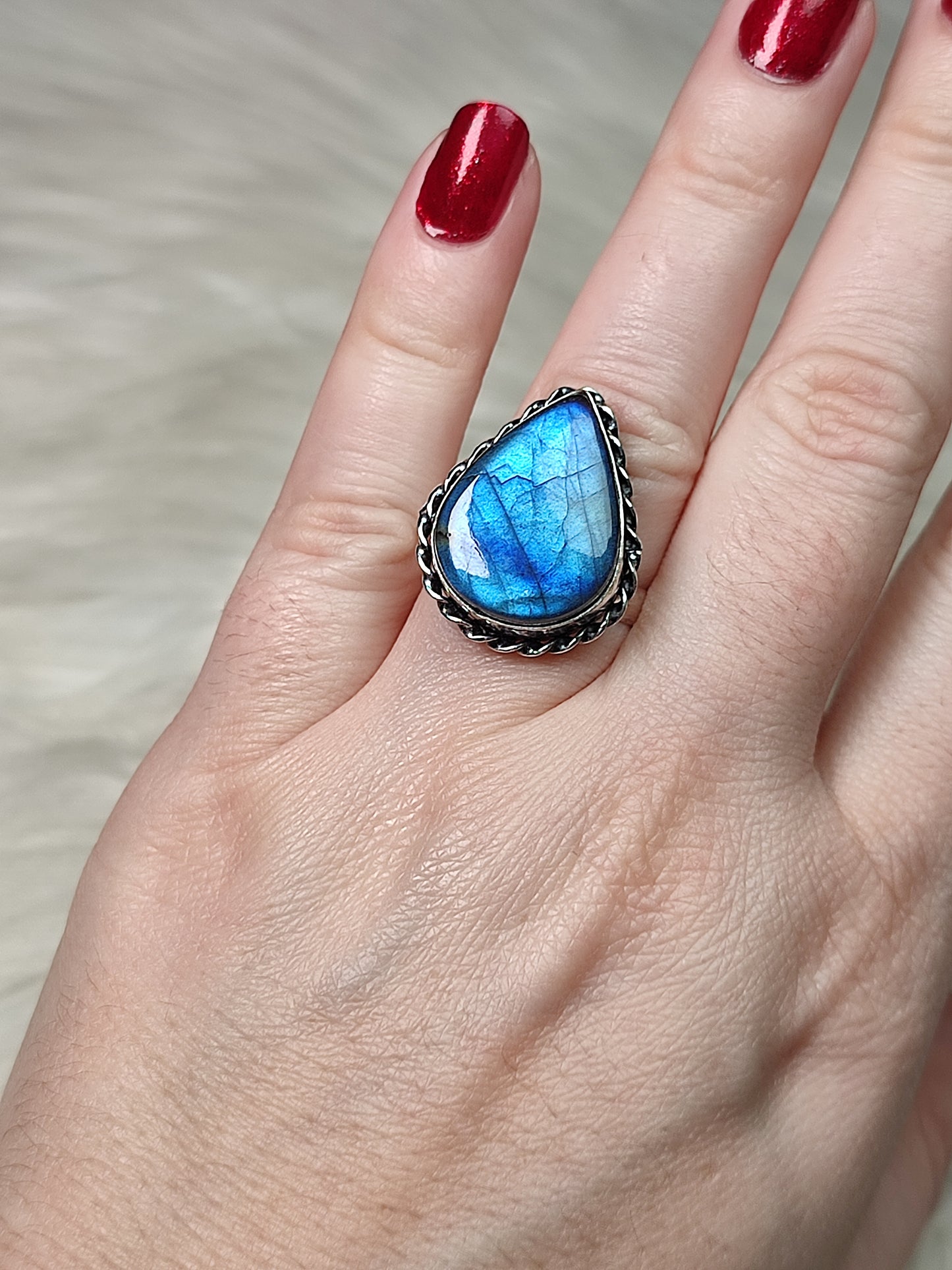 Anillo baño de plata con labradorita azul - Ajustable 205
