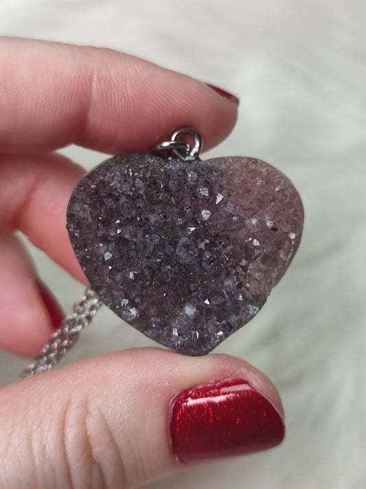 Colgante acero con corazón drusa amatista n° 140