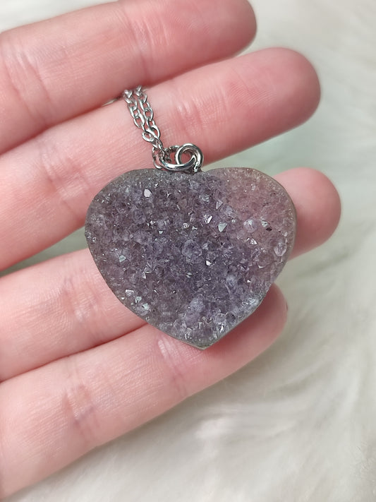 Colgante acero con corazón drusa amatista n° 140