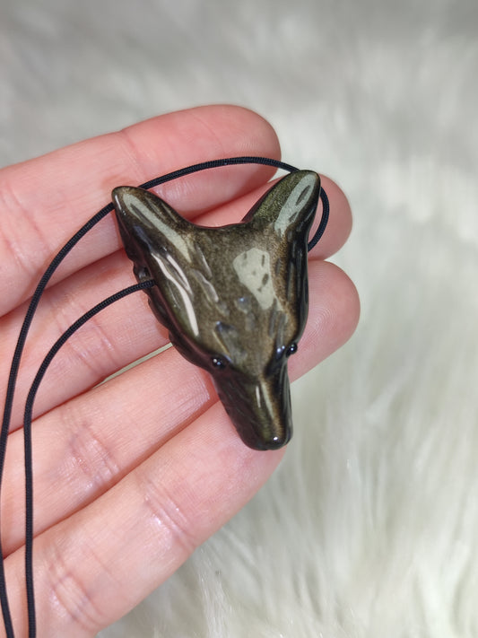 Colgante lobo - Kitsune en obsdiana dorada