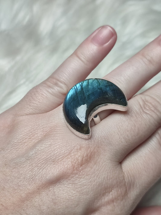 Anillo luna baño de plata con labradorita - Ajustable B25