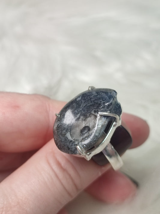 Anillo baño de plata con amonite fosil N°1