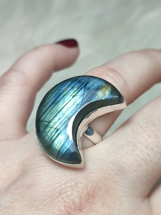Anillo luna baño de plata con labradorita - Ajustable 61