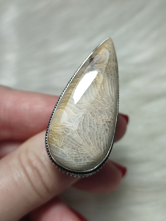 Anillo baño de plata con coral fósil - ref.65