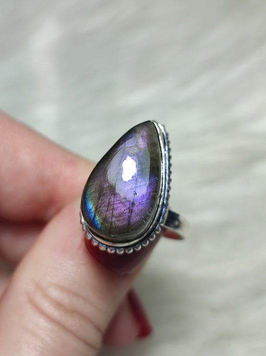 Anillo luna baño de plata con labradorita - Ajustable 103