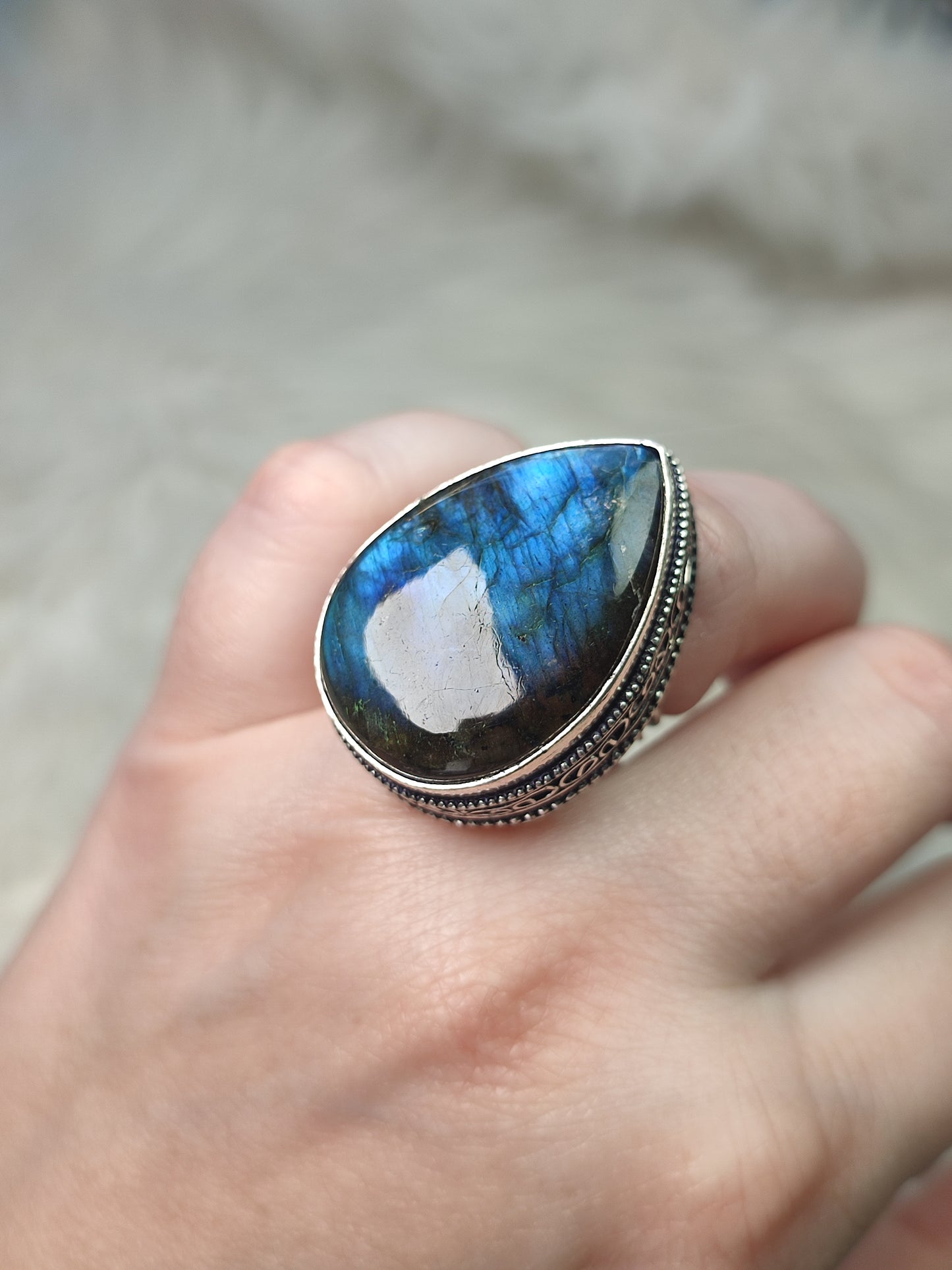 Anillo baño de plata con labradorita flash n° 37