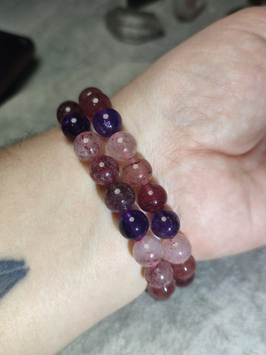 Pulsera elástica de bolas de cuarzo con lepidocrocita y amatista - 9 mm