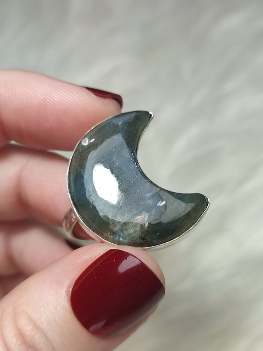 Anillo luna baño de plata con labradorita - Ajustable 88