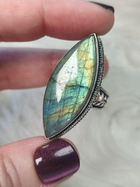 Anillo baño de plata con labradorita flash n° 35