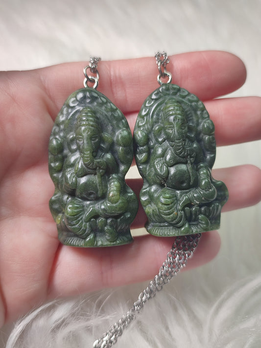 Collar acero con Ganesha - Obsidiana o jade
