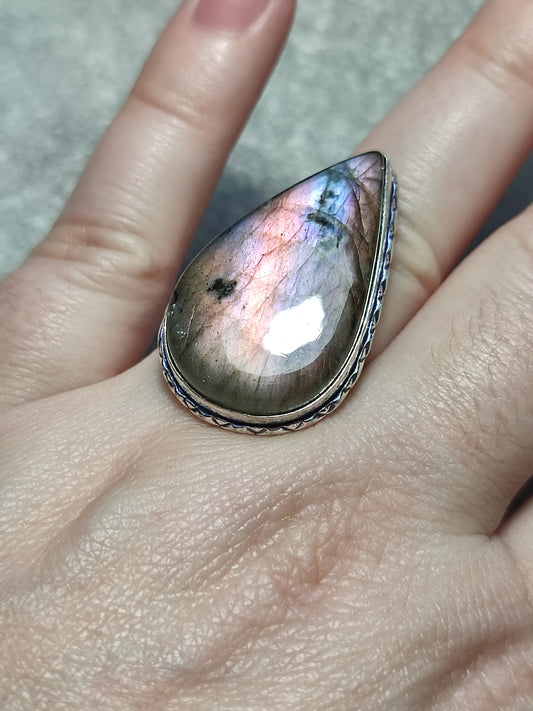 Anillo luna baño de plata con labradorita - Ajustable 85