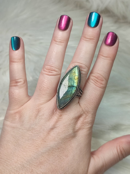 Anillo baño de plata con labradorita flash n° 35