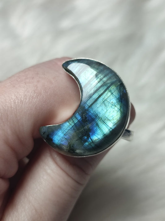 Anillo luna baño de plata con labradorita - Ajustable B26