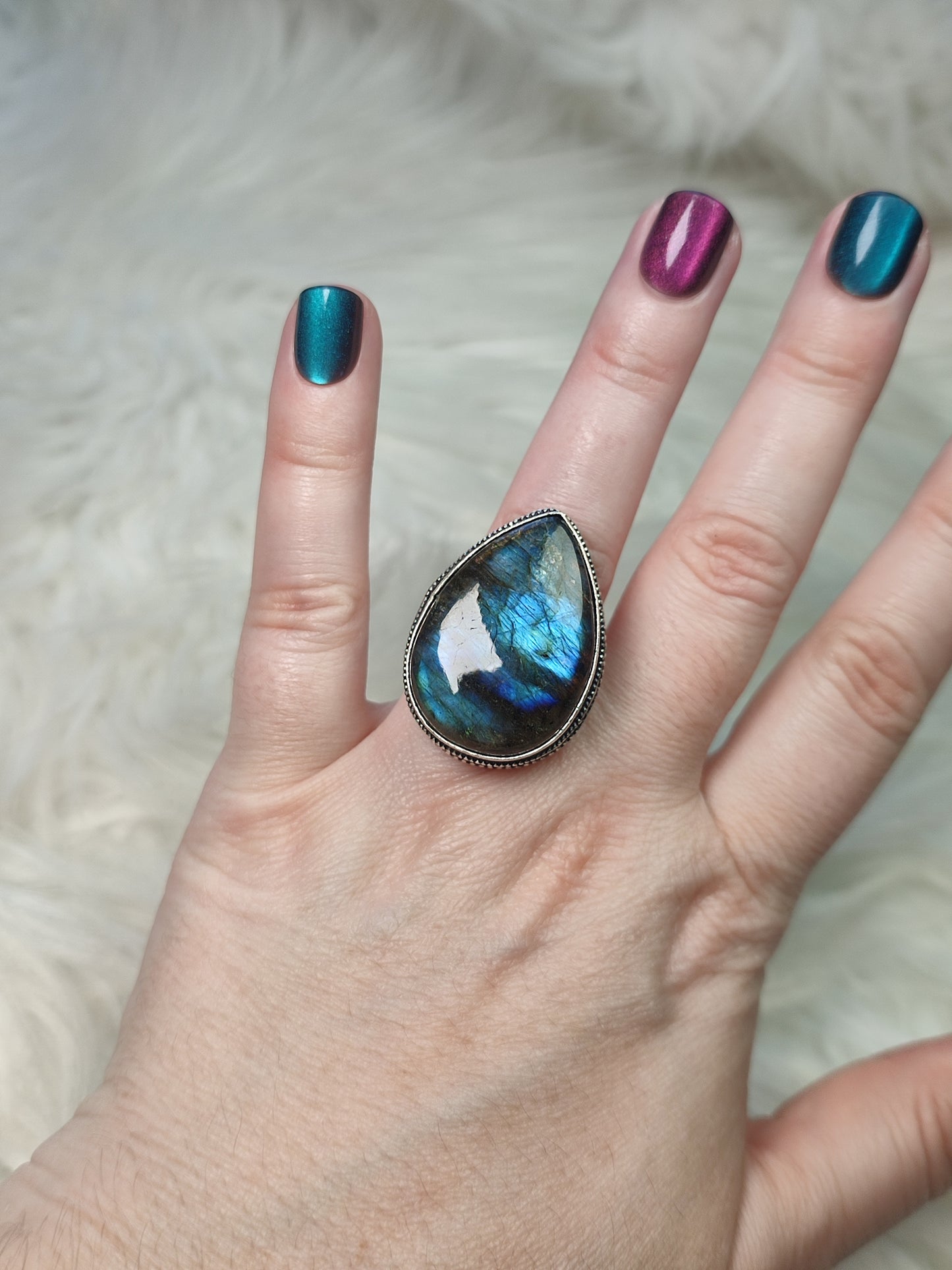 Anillo baño de plata con labradorita flash n° 37