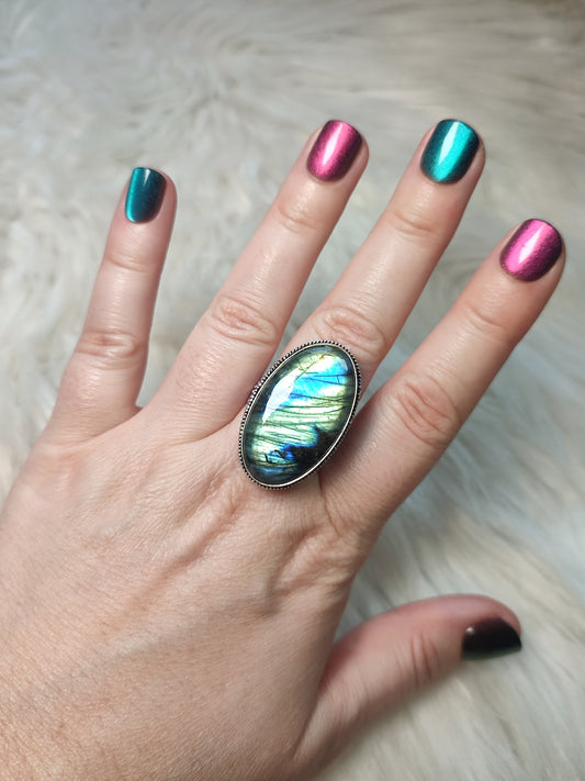 Anillo baño de plata con labradorita flash n° 32