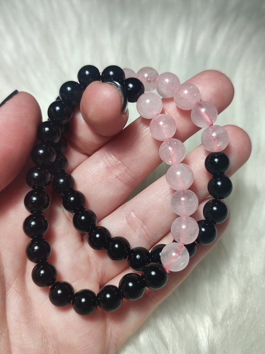 Pulsera elástica bolas 8 mm - Obsidiana y cuarzo rosa