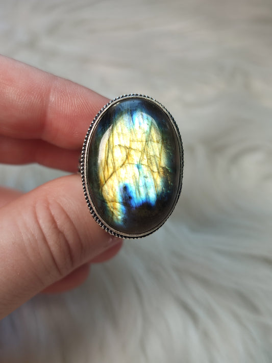 Anillo baño de plata con labradorita flash n° 33