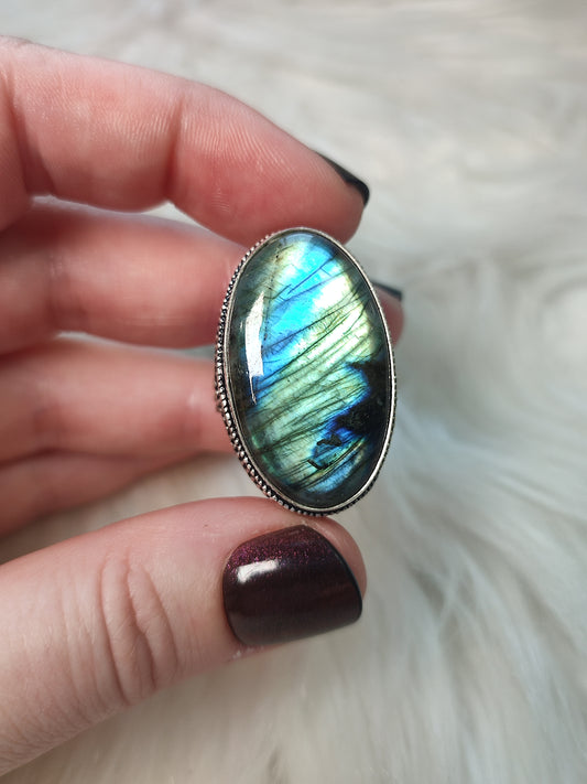 Anillo baño de plata con labradorita flash n° 32