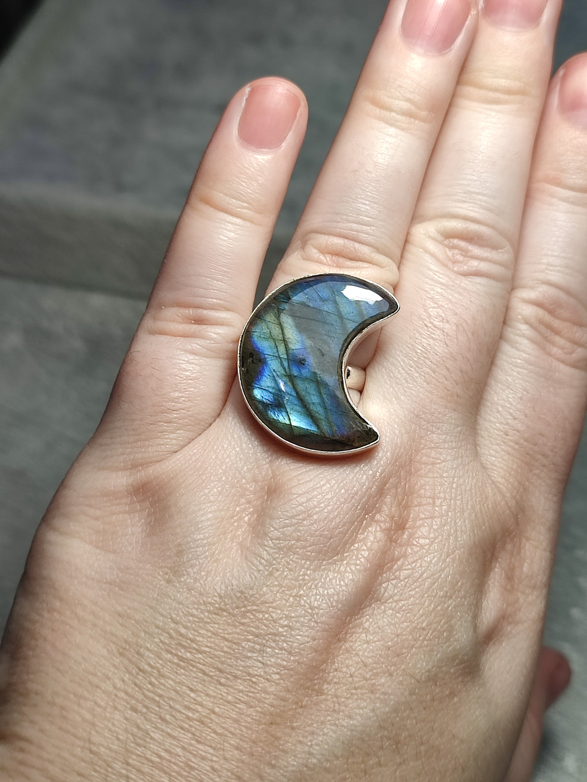 Anillo luna baño de plata con labradorita - Ajustable 28