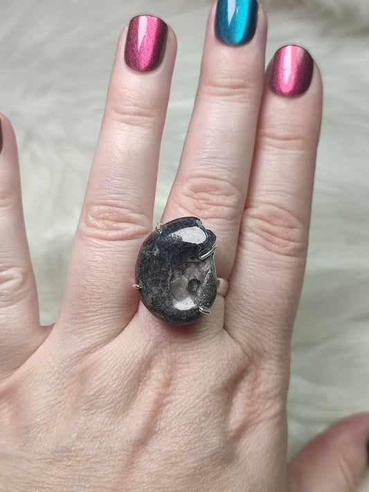 Anillo baño de plata con amonite fosil N°1