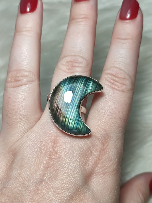 Anillo luna baño de plata con labradorita - Ajustable 501
