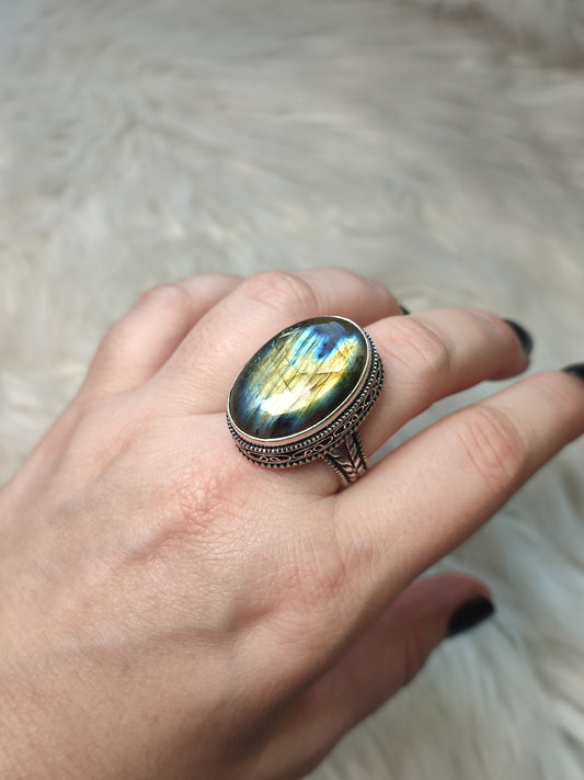 Anillo baño de plata con labradorita flash n° 33