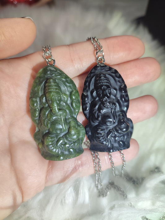 Collar acero con Ganesha - Obsidiana o jade