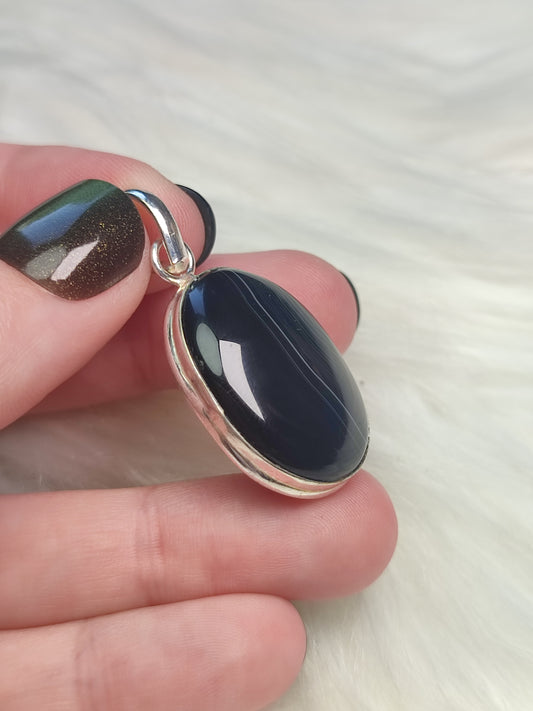 Colgante baño de plata con ágata negra bandeada n°13