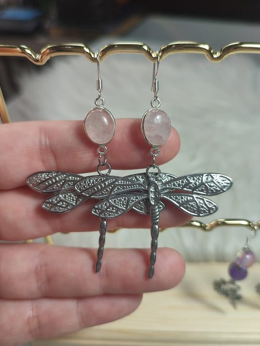 Pendientes largos - Modelo libélula cuarzo rosa