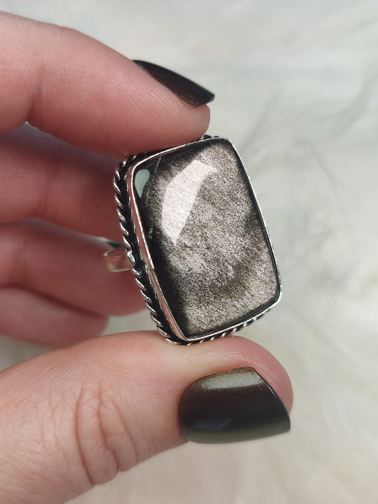 Anillo baño de plata y Obsidiana plateada