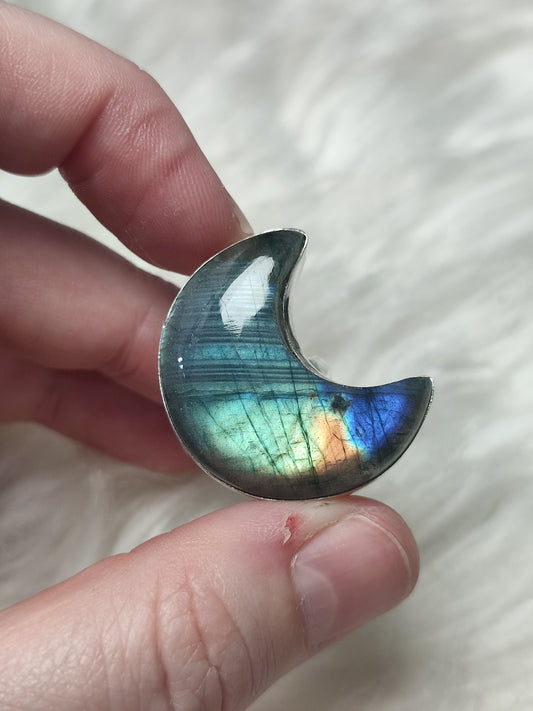 Anillo luna baño de plata con labradorita - Ajustable B23