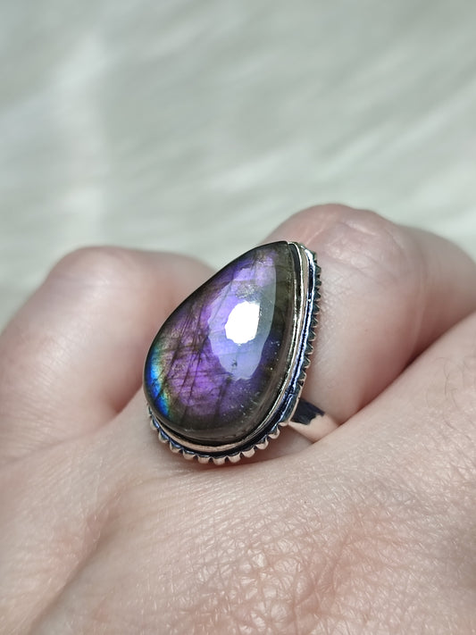 Anillo luna baño de plata con labradorita - Ajustable 103