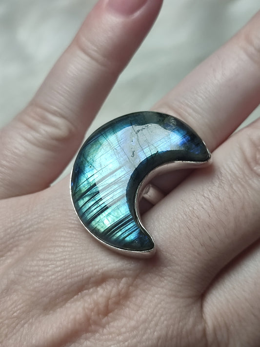 Anillo luna baño de plata con labradorita - Ajustable B26