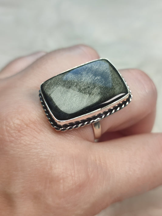 Anillo baño de plata y Obsidiana plateada