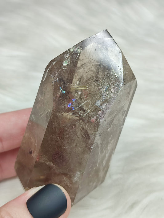 Punta cuarzo ahumado y rutilo con hematite n°15