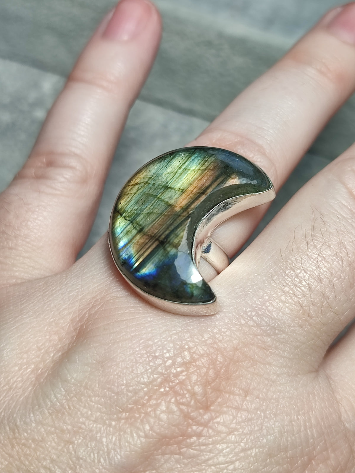 Anillo luna baño de plata con labradorita - Ajustable 25
