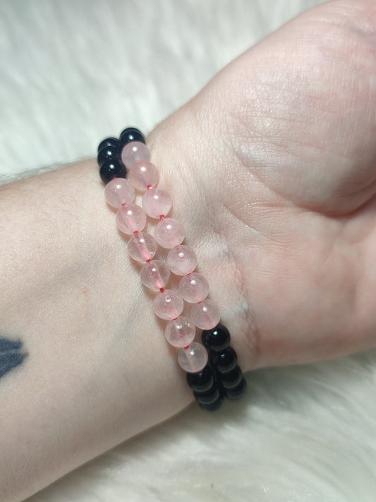 Pulsera elástica bolas 6 mm - Obsidiana y cuarzo rosa