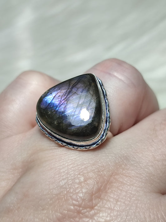 Anillo luna baño de plata con labradorita - Ajustable 114