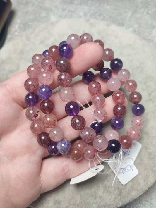 Pulsera elástica de bolas de cuarzo con lepidocrocita y amatista - 9 mm